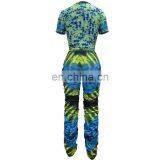 Wholesale Tie Dye With Carton Printing 2 Piece Joggers Crop Top and Stacked Hollow Out Pants Set thumbnail-4