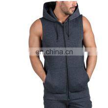Manufacturer Wholesale Custom Embroidery Logo Cotton Men Full Zip up Blank Gym Fitness Sleeveless Hoodie With Pockets thumbnail-3
