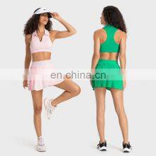 Fashion New Style Two Piece Lapel Racerback Sports Bra High Waist Pleated Mini Skirt Golft Tennis Outdoor Fitness Wear Yoga Set thumbnail-1