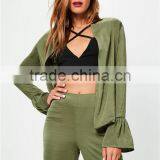 MGOO High Quality Custom Khaki Satin Jackets Crepe Satin Flare Sleeves Custom Cardigan Casual Wear thumbnail-2