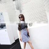 2017 Summer Stripe Dress Office Formal Collar Neck Blue White Stripe Cape Sleeve Lace Twill Patch Work Midi Dress Instock thumbnail-3