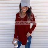 2020 New Arrival Fashion Style Long Sleeve V-neck Solid T-shirt For Women thumbnail-1