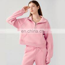 Winter Fleece Quarter Zip Unisex Pocket Pullovers Wholesale Womens Sports Hoodies With Thumb Hole 65cotton 35nylon thumbnail-4