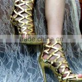 New Spring Catwalk Wholesale Spikes High Heel Ankle Sandal Boots, Open Toe Plafrom Cut Out Women Shoes Sansal with Stud