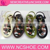 camouflage color flat ladies t-shape sandals with chain