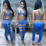 Women Brand Pants Ladies Casual Blue With Waist-length Ripped Distressed Female Jeans thumbnail-2