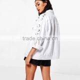 Lace up Eyelet White Denim Jacket New Fashion Wholesale Women Street Wear thumbnail-2
