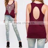 Cotton Tank Top Backless Hollow Printed Floral Wine Red Sold By PC thumbnail-1