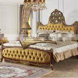 Luxury Crown Shaped Royal Upholstery Bed With Night Stand, Noble Button Tufted Golden Bed Set,Wood Carving Bedroom Furniture Set thumbnail-2