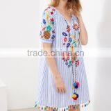 Bohemian Clothing Vertical Striped Embroidered Tassel Hem Pom Pom Dress New Model Girls Dress HSd5212 thumbnail-3