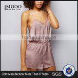 Women Casual Fit Satin Pajamas Set With Elasticated Waist Pink Sateen Lace Trim Playsuit V Neck thumbnail-1