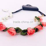 Fashion Hot Red Fabric Chiffon Rose Flowers Elastic Chain Headband Pearls Hairband Hair Necklace Head Ornament Accessories thumbnail-2