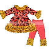 2017 Kids Halloween Clothing Designer 100%cotton Pumpkin Appliqued Outfit Chevron Ruffle Pant Sets
