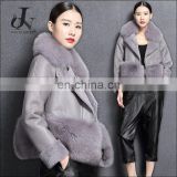 China Supplier Short Shorn Sheepskin Double faced Leather Jacket with Fox Fur Collars Coat