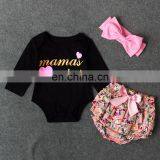 2019 Autumn Newborn Baby Clothes Suit Long Sleeve Letter Print Romper + Floral Shorts + Bow Headband 3pcs Set thumbnail-2