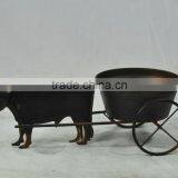 13B746EAA Garden Deco ox Cart Design Wrought Iron Metal Flower Pot