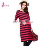 Red and Black Striped Knitted Maternity Dresses, Long Sleeve Cotton T-shirt Dress for Pregnant thumbnail-1