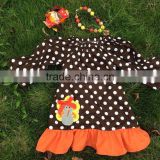 FREE DHL baby girls Thanks Giving turkey brown polka dot dress with matching hair bows and chunky necklace set