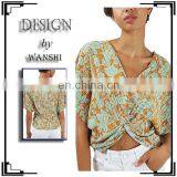 Floral Print Twisted Plisse Crop Top Short Batwing Sleeves Ladies Blouses & Tops