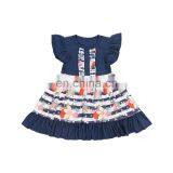 Light Purple Flutter Sleeve Girl Dress Stripe and Flower Pattern Short Sleeve Beautiful Dresses For Baby Girl thumbnail-6