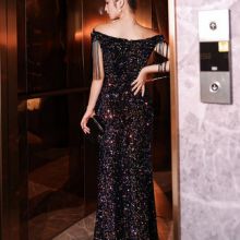 Sequined evening dress 2021 new high-end light luxury one shoulder host annual banquet fishtail dress full skirt women
