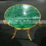 Beautiful Malachite Top Gilt Bronze Ram Head Mounts Lamp Table, Semi-precious Stone Malachite Decorative Small Coffee Table