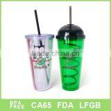 450ml 16oz Crystal Clear Plastic Double Wall Mug With Dome and Curved Straw thumbnail-1
