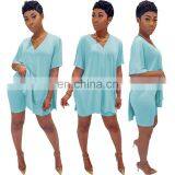 Wholesale 2 Piece Plain v NeckBat Sleeve Split Tshirt and Shorts Set for Women thumbnail-3