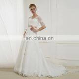 EBX-65 Subtle Short Sleeve Lace Cover Long Train Gold Beading Belt Satin Wedding Dress thumbnail-1