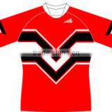100% Polyester Moisture Wicking Sublimated Red Rugby Shirt/Jersey with White Black design