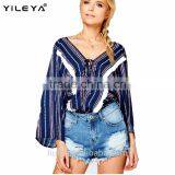 New Fashion Tassel Trim Lace up Printed Blouse Women Latest Blouse thumbnail-1