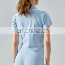 Wholesale Women Half Zip Lapel Short Sleeve T-Shirt High Quality Loose Gym Yoga Wear Workout Sports Athletic Tennis Shirt Top thumbnail-5