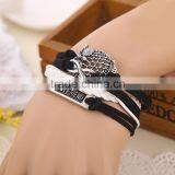 Hot Sale Fashion Alloy Vintage Peace Sign Owl Multi Strand Weave Leather Bracelet thumbnail-3