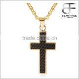Stainless Steel Carbon Fiber Cross Pendant Necklace High Polished With Free Chain Silver Gold thumbnail-1