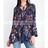 Wholesale Women Band Collar Long Sleeves Slit Cuffs Semi Sheer Floral Print Georgette Blouse(DQE0159T) thumbnail-4