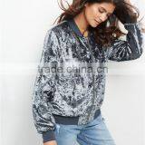 Women Fitness Shiny Velvet Bomber Jacket Ribbed Trim Zip Up Coat With Pocket Sides Outwear thumbnail-2