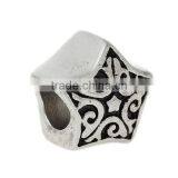 304 Stainless Steel European Style Large Hole Charm Beads Star Silver Tone Flower Carved Black Enamel About 12mm x 12mm thumbnail-1