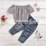 Usa Clothing Kids Baby Girls Summer Striped Tops Pullover T-shirts Hole Denim Pants Jeans Toddler Girl Clothing Sets 2pcs Sets thumbnail-3
