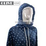 Fashion Design Sherpa Lining Dots Printed Flannel Hoodie Bathrobe With Zipper and Pompom thumbnail-3