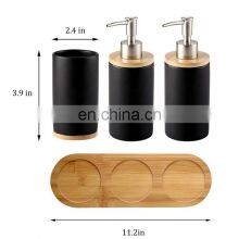 4-Piece Natural Bamboo White and Black Ceramic Bathroom Accessories thumbnail-3