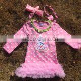 2015 New Baby Girls Pink White Polka Dot Bunny Easter Dress With Necklace and Headband Set thumbnail-1