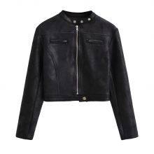 American INS High Street Retro Short Slim Motorcycle Jacket for Women in 2025 Autumn Vintage Color Leather Jacket and Suede Jacket thumbnail-3