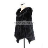 QD0807 Woman Knitted Rabbit Fur Poncho With Raccoon Fur Trim and Bigger Hood thumbnail-2
