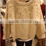 Chinese homemade ladies' round neck raglan 3/4 sleeve pullover half cardigan knitted sweater with beads