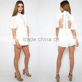 High Neck Lace Zipper Back White Short Jumpsuits Women Chiffon Playsuit thumbnail-6