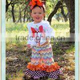 Wild Turkey Outfit Long Sleeve White Top Chevron Double Ruffle Pants and Appliqued Turkey Outfit Set for Thanksgiving Day thumbnail-1