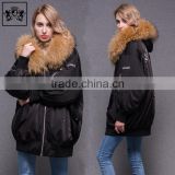 Fahion Pattern Hood Parka Fluffy Real Fur Collar Girls Winter Baseball Bomber Jacket