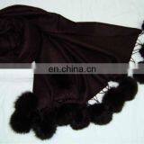 Silk Pashmina Wool , Plain Pashmina Shawl With Fur Balls thumbnail-1