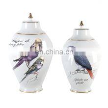 Modern LuxuryWhite Hand Painted  Peacock Decoration Ginger Jar Vase With Parrot