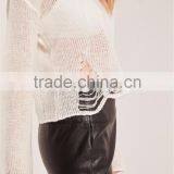 MGOO Newest Design Women Knitwear Sweater Drop Shoulder Loose Neck Distressed Ladder Jumper Cream thumbnail-5